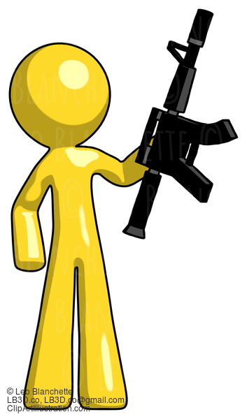 Yellow Design Mascot Man Holding Automatic Gun #11107