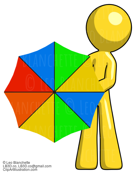 Yellow Design Mascot Man Holding Rainbow Umbrella Out To Viewer #11109