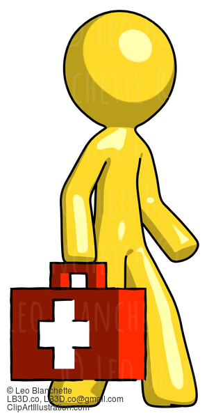 Yellow Design Mascot Man Walking With Medical Aid Briefcase To Right #11114