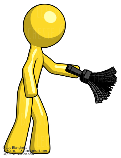 Yellow Design Mascot Man Dusting With Feather Duster Downwards #11118