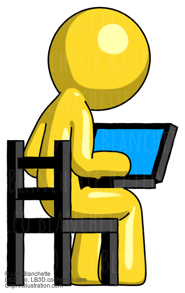 Yellow Design Mascot Man Using Laptop Computer While Sitting In Chair View From Back #11122