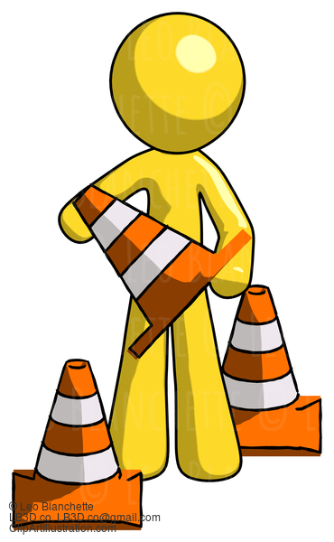 Yellow Design Mascot Man Holding A Traffic Cone #11124