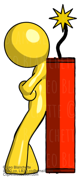 Yellow Design Mascot Man Leaning Against Dynimate, Large Stick Ready To Blow #11126