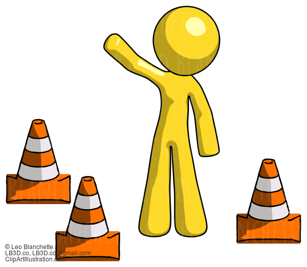 Yellow Design Mascot Man Standing By Traffic Cones Waving #11129