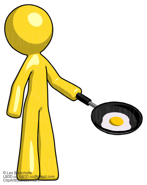 Yellow Design Mascot Man Frying Egg In Pan Or Wok Facing Right #11133