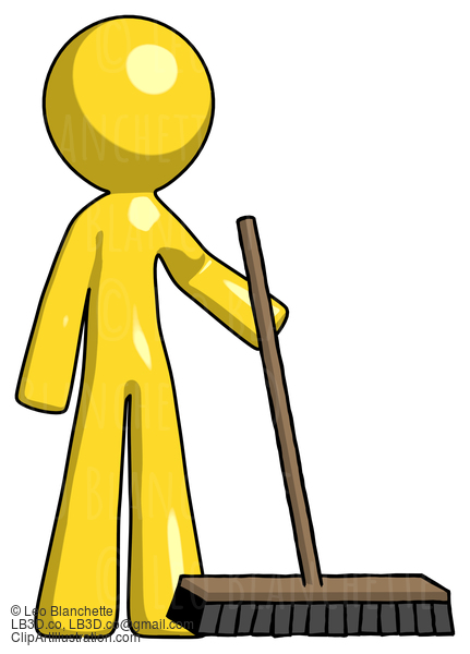 Yellow Design Mascot Man Standing With Industrial Broom #11135