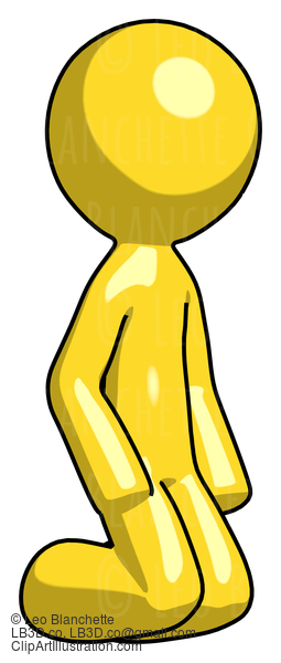 Yellow Design Mascot Man Kneeling Angle View Right #11137