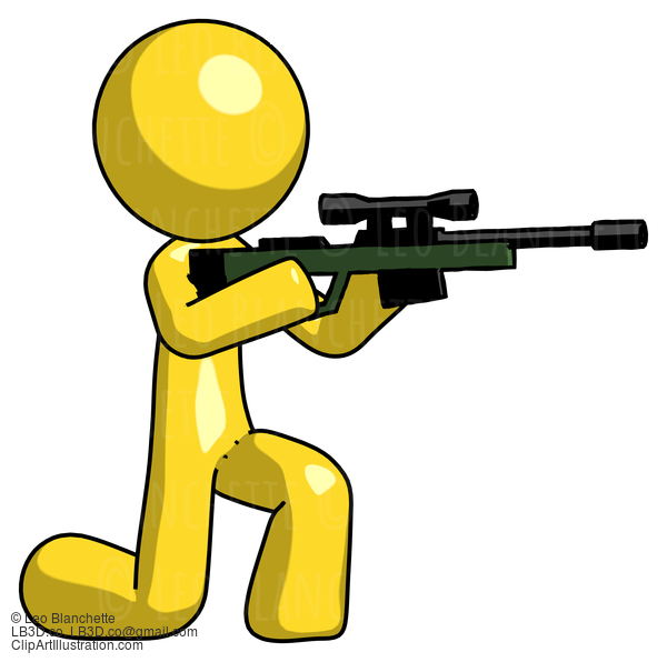 Yellow Design Mascot Man Kneeling Shooting Sniper Rifle #11145