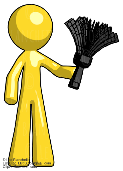 Yellow Design Mascot Man Holding Feather Duster Facing Forward #11146