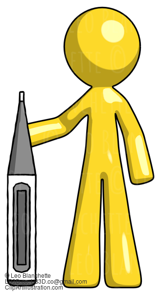 Yellow Design Mascot Man Standing With Large Thermometer #11147