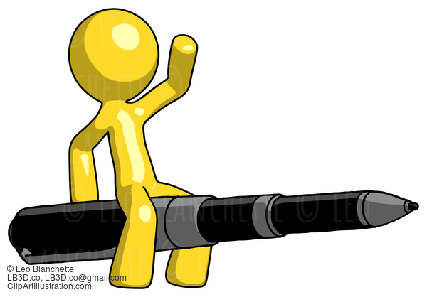 Yellow Design Mascot Man Riding A Pen Like A Giant Rocket #11148