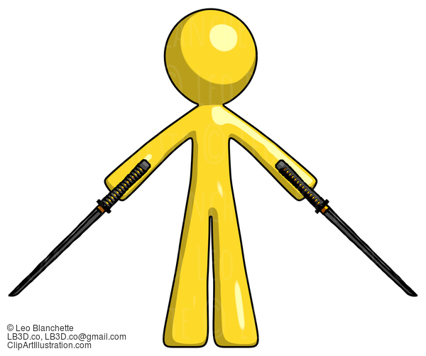 Yellow Design Mascot Man Posing With Two Ninja Sword Katanas #11149