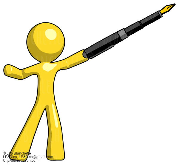 Yellow Design Mascot Man Pen Is Mightier Than The Sword Calligraphy Pose #11150