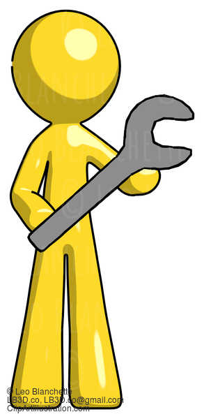 Yellow Design Mascot Man Holding Large Wrench With Both Hands #11152