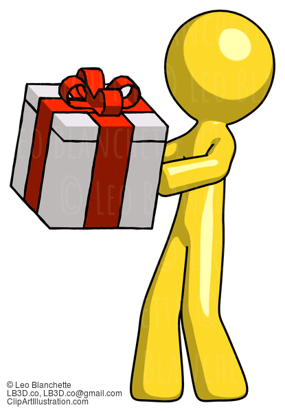 Yellow Design Mascot Man Presenting A Present With Large Red Bow On It #11154