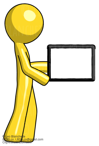 Yellow Design Mascot Man Show Tablet Device Computer To Viewer, Blank Area #11155