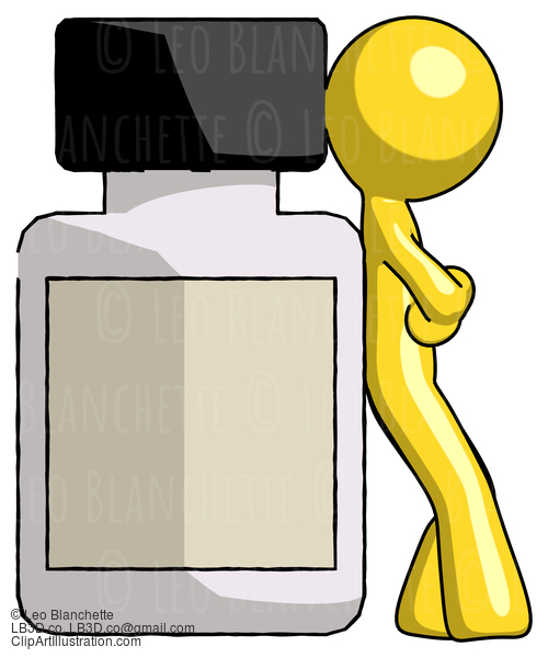 Yellow Design Mascot Man Leaning Against Large Medicine Bottle #11156