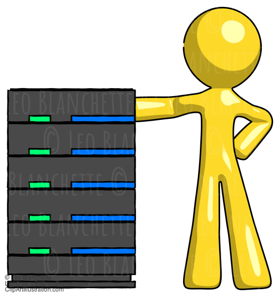 Yellow Design Mascot Man With Server Rack Leaning Confidently Against It #11164