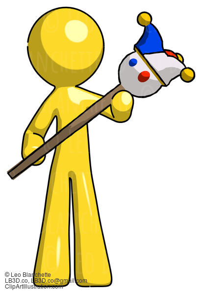 Yellow Design Mascot Man Holding Jester Diagonally #11165