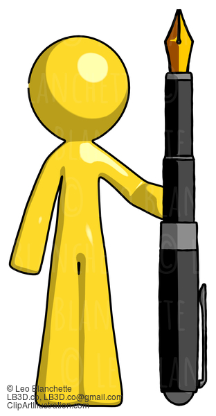 Yellow Design Mascot Man Holding Giant Calligraphy Pen #11166