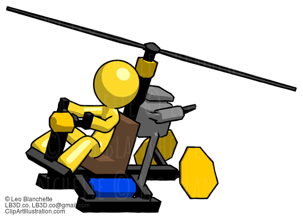 Yellow Design Mascot Man Flying In Gyrocopter Front Side Angle Top View #11167