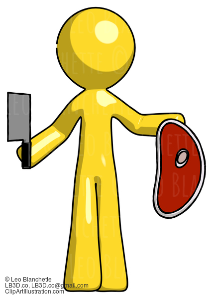 Yellow Design Mascot Man Holding Large Steak With Butcher Knife #11171