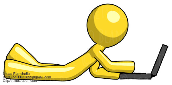 Yellow Design Mascot Man Using Laptop Computer While Lying On Floor Side View #11173