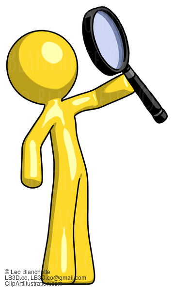 Yellow Design Mascot Man Inspecting With Large Magnifying Glass Facing Up #11177