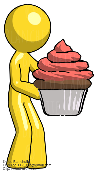 Yellow Design Mascot Man Holding Large Cupcake Ready To Eat Or Serve #11178