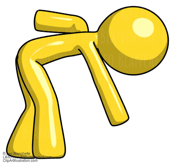 Yellow Design Mascot Man Picking Something Up Bent Over #11179