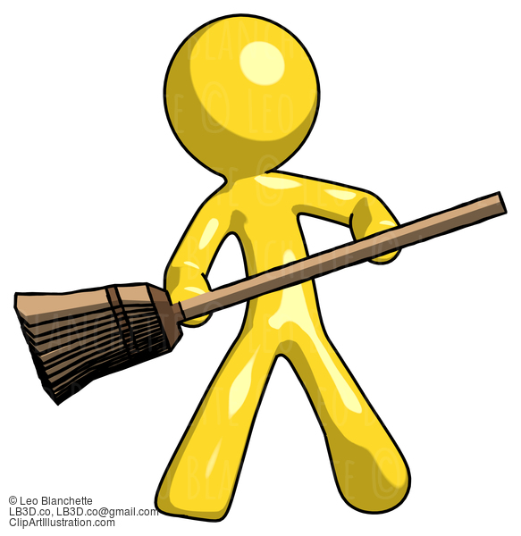 Yellow Design Mascot Man Broom Fighter Defense Pose #11181