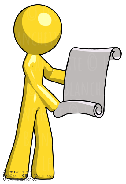 Yellow Design Mascot Man Holding Blueprints Or Scroll #11182