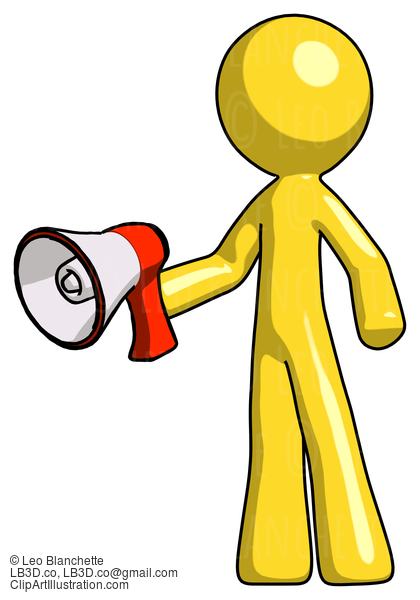 Yellow Design Mascot Man Holding Megaphone Bullhorn Facing Right #11183