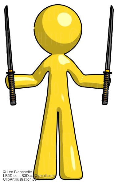 Yellow Design Mascot Man Posing With Two Ninja Sword Katanas Up #11186