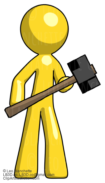 Yellow Design Mascot Man With Sledgehammer Standing Ready To Work Or Defend #11187