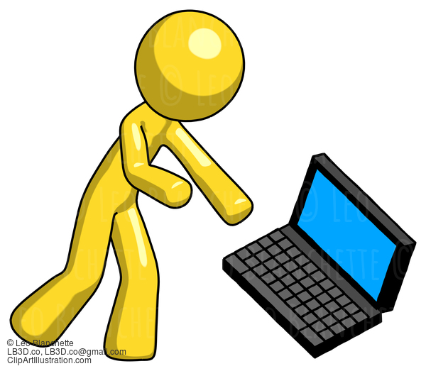 Yellow Design Mascot Man Throwing Laptop Computer In Frustration #11189