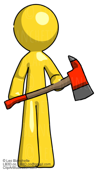 Yellow Design Mascot Man Holding Red Fire Fighter’S Ax #11190