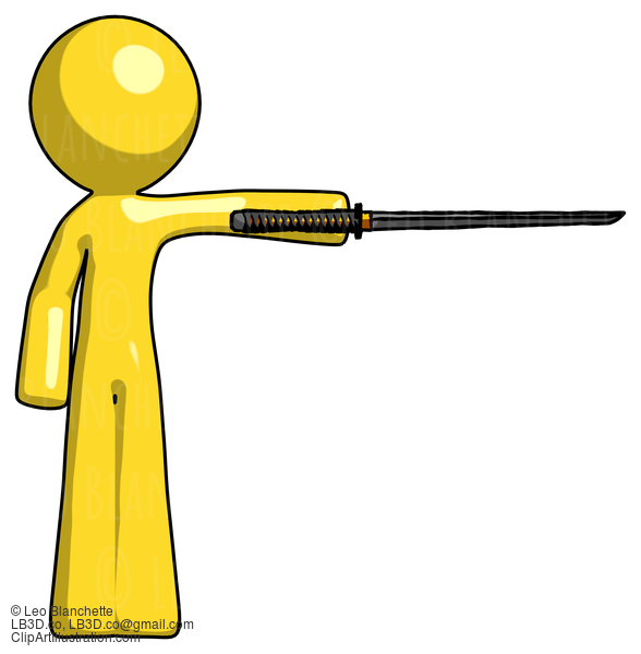 Yellow Design Mascot Man Standing With Ninja Sword Katana Pointing Right #11191