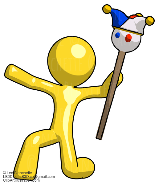 Yellow Design Mascot Man Holding Jester Staff Posing Charismatically #11198