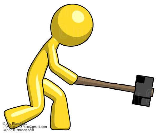 Yellow Design Mascot Man Hitting With Sledgehammer, Or Smashing Something #11200