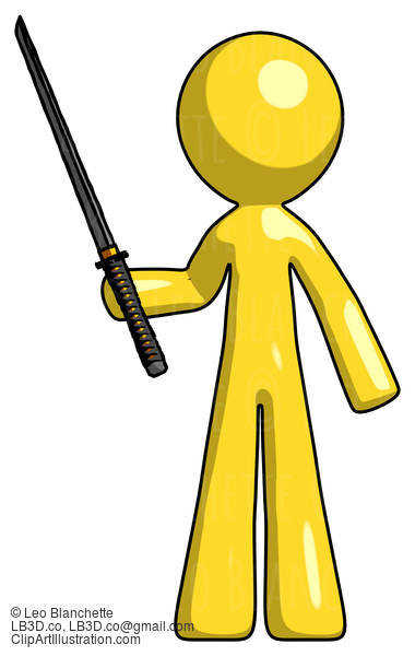 Yellow Design Mascot Man Standing Up With Ninja Sword Katana #11201