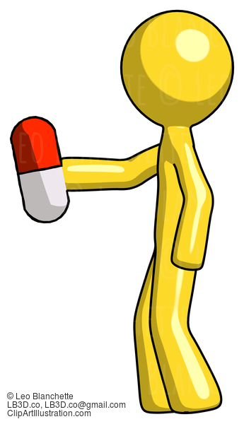 Yellow Design Mascot Man Holding Red Pill Walking To Left #11203