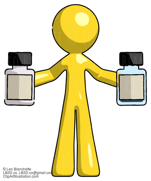 Yellow Design Mascot Man Holding Two Medicine Bottles #11205