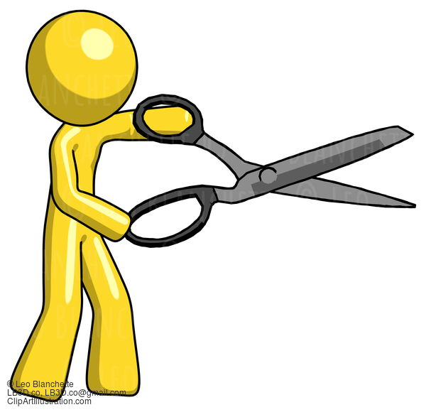 Yellow Design Mascot Man Holding Giant Scissors Cutting Out Something #11208