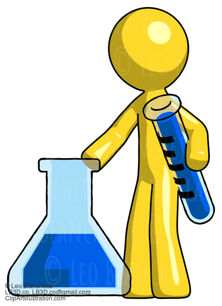 Yellow Design Mascot Man Holding Test Tube Beside Beaker Or Flask #11209