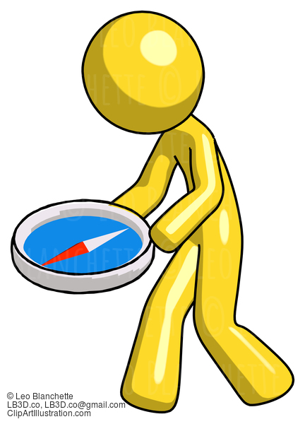 Yellow Design Mascot Man Walking With Large Compass #11214