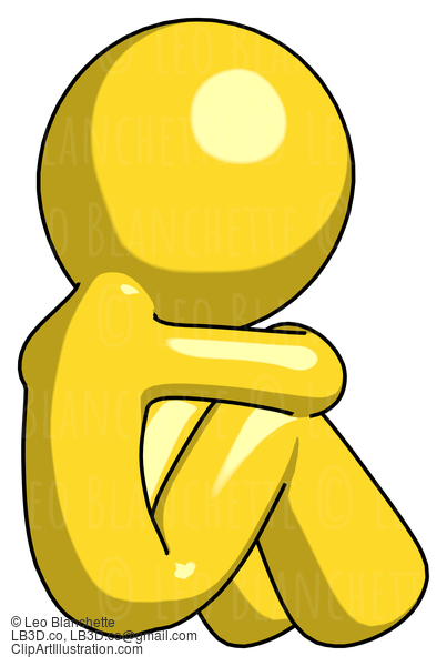 Yellow Design Mascot Man Sitting With Head Down Back View Facing Right #11217