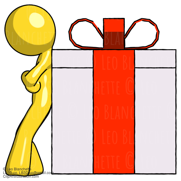 Yellow Design Mascot Man Gift Concept - Leaning Against Large Present #11221