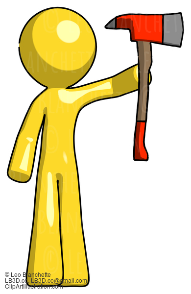 Yellow Design Mascot Man Holding Up Red Firefighter’S Ax #11225