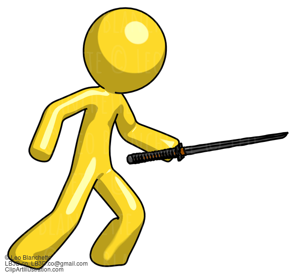 Yellow Design Mascot Man Stabbing With Ninja Sword Katana #11227